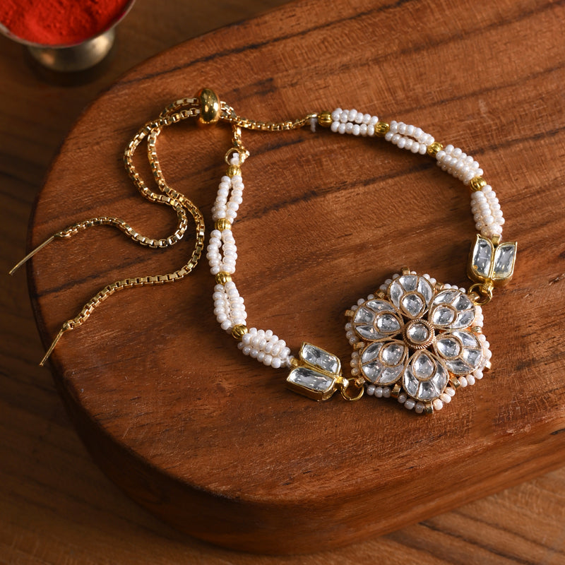 MDB835- White Colour Gold Plated Jadau Kundan Rakhi