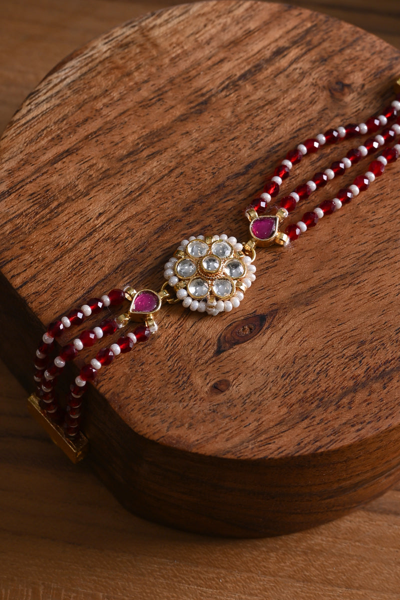 White and Pink Colour Gold Plated Jadau Kundan Rakhi
