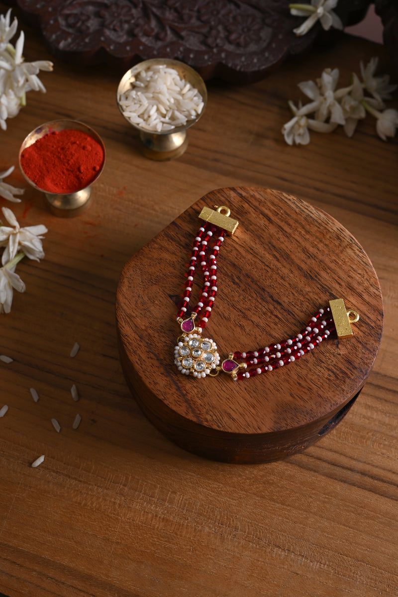 White and Pink Colour Gold Plated Jadau Kundan Rakhi