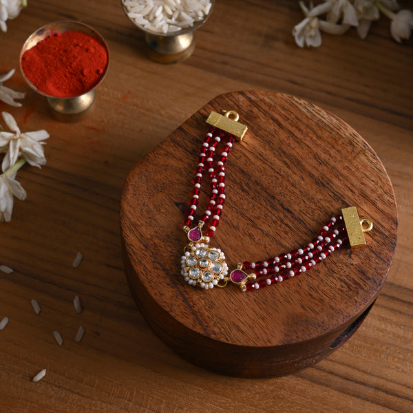 MDB836- White and Pink Colour Gold Plated Jadau Kundan Rakhi