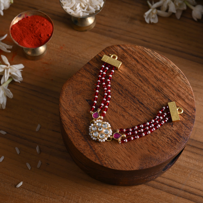MDB836- White and Pink Colour Gold Plated Jadau Kundan Rakhi