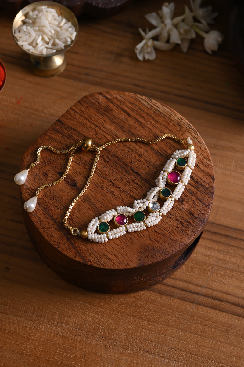Multi Colour Gold Plated Jadau Kundan Rakhi