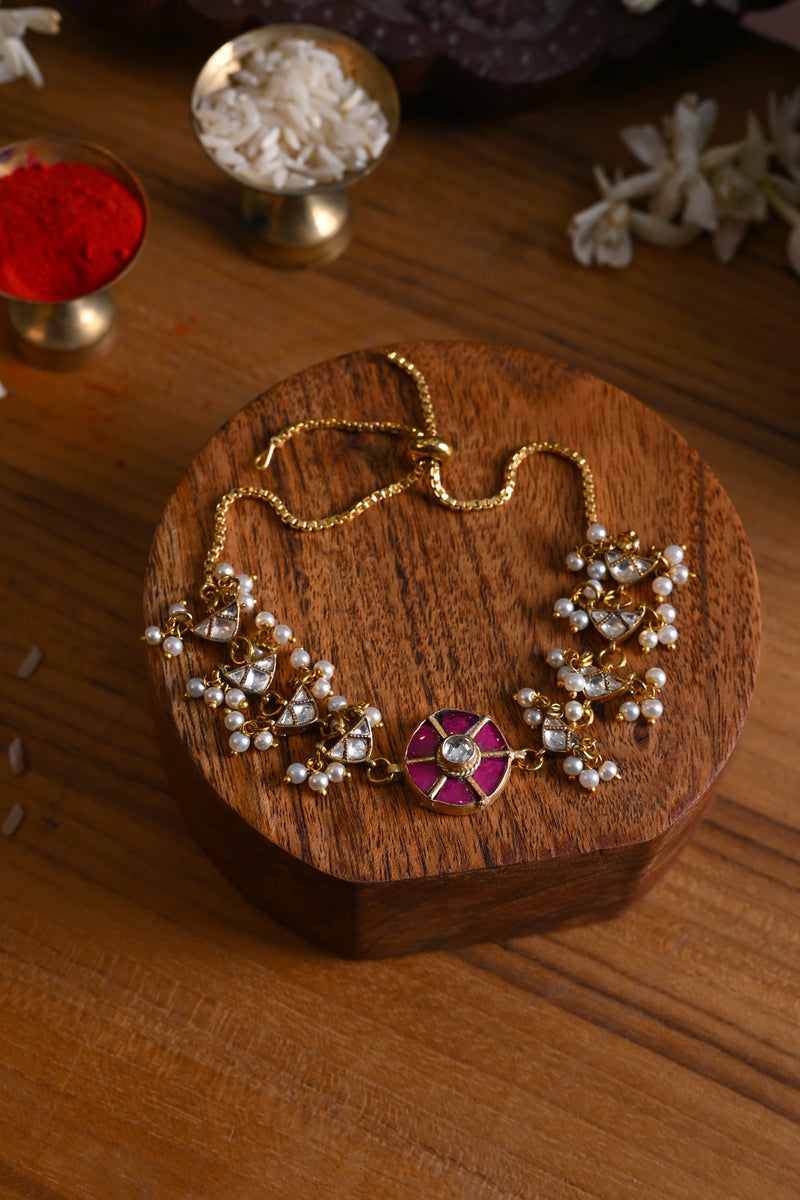Pink and White Colour Gold Plated Jadau Kundan Rakhi