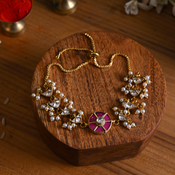 MDB838- Pink and White Colour Gold Plated Jadau Kundan Rakhi
