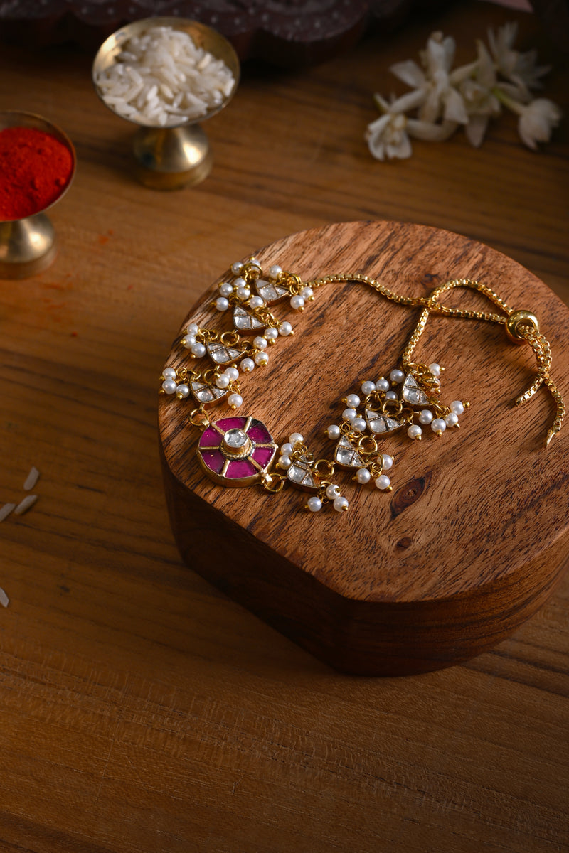 Pink and White Colour Gold Plated Jadau Kundan Rakhi