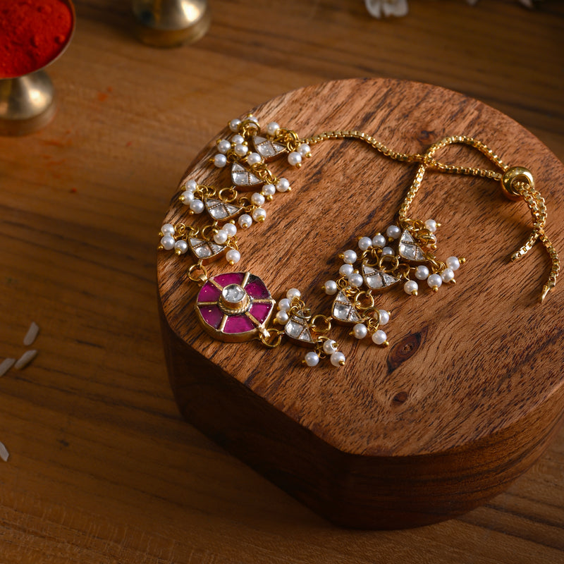 MDB838- Pink and White Colour Gold Plated Jadau Kundan Rakhi