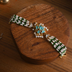 MDB839- Blue and White Colour Gold Plated Jadau Kundan Lotus Motif Rakhi
