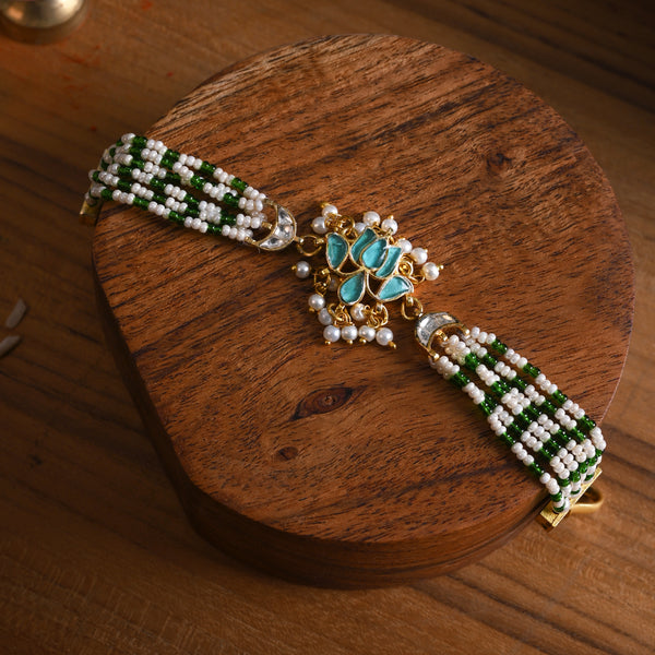 MDB839- Blue and White Colour Gold Plated Jadau Kundan Lotus Motif Rakhi