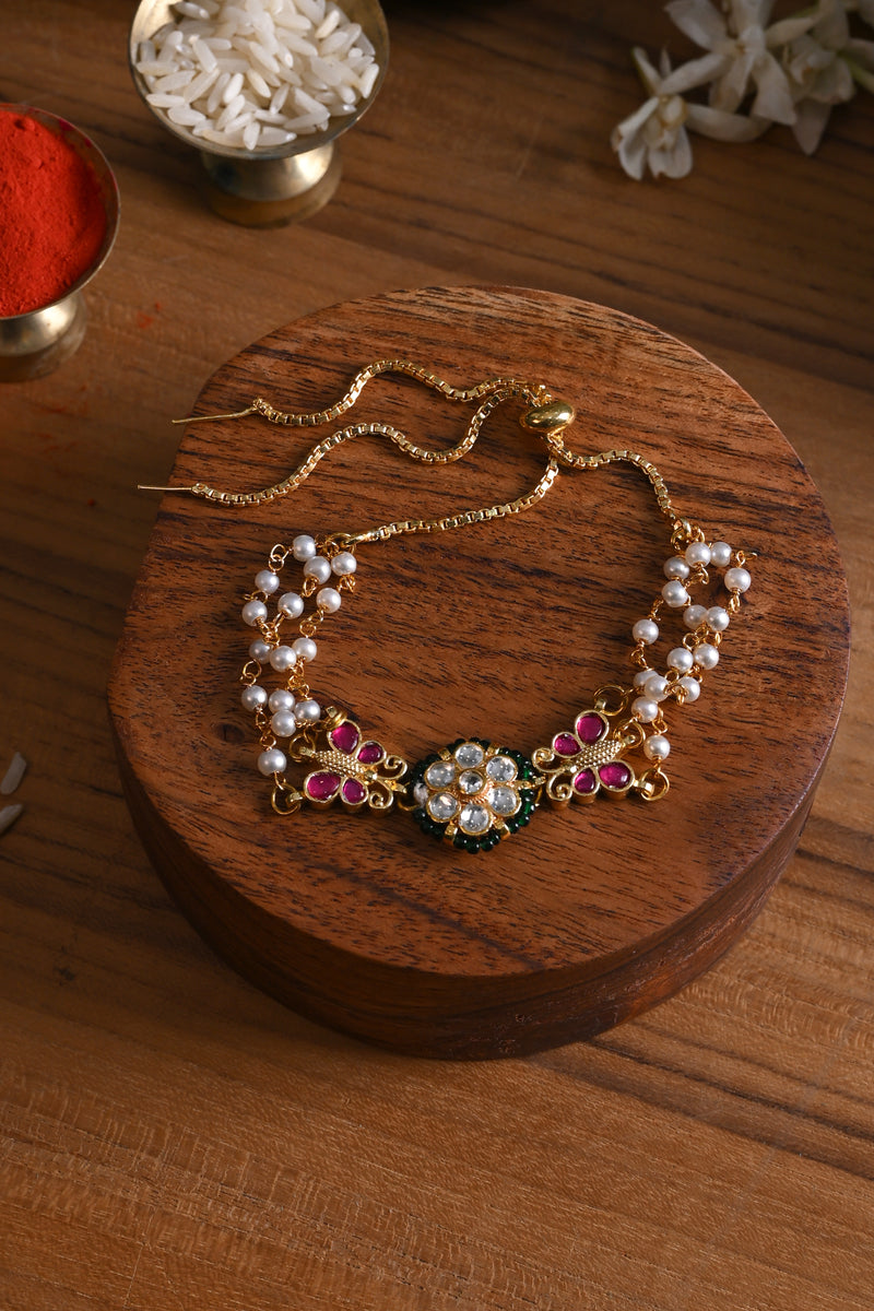 White and Pink Colour Gold Plated Jadau Kundan Flower and Butterfly Motif Rakhi