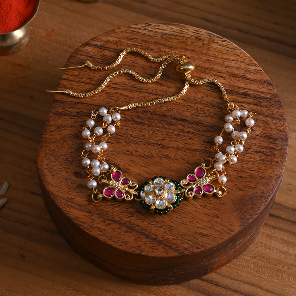 MDB840- White and Pink Colour Gold Plated Jadau Kundan Flower and Butterfly Motif Rakhi