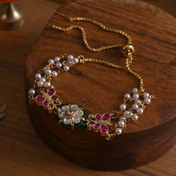 MDB840- White and Pink Colour Gold Plated Jadau Kundan Flower and Butterfly Motif Rakhi