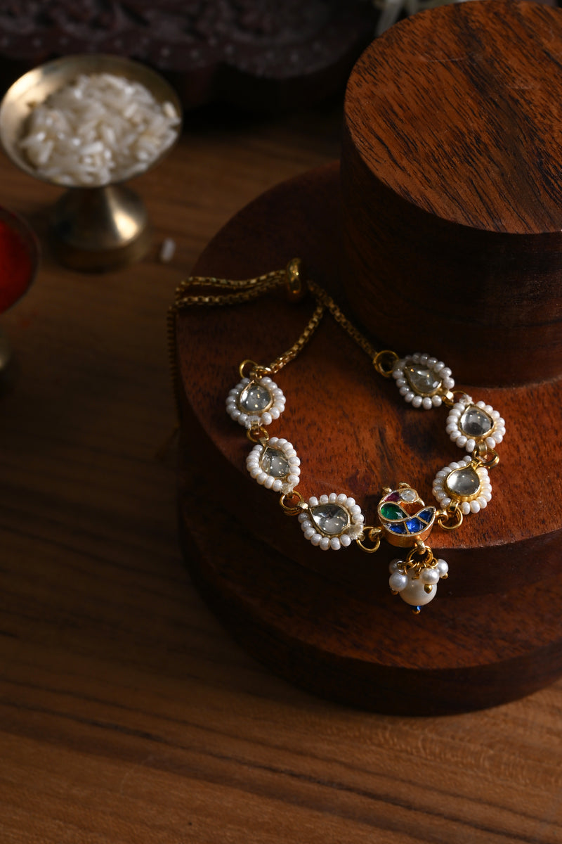 Multi Colour Gold Plated Jadau Kundan Peacock Motif Rakhi