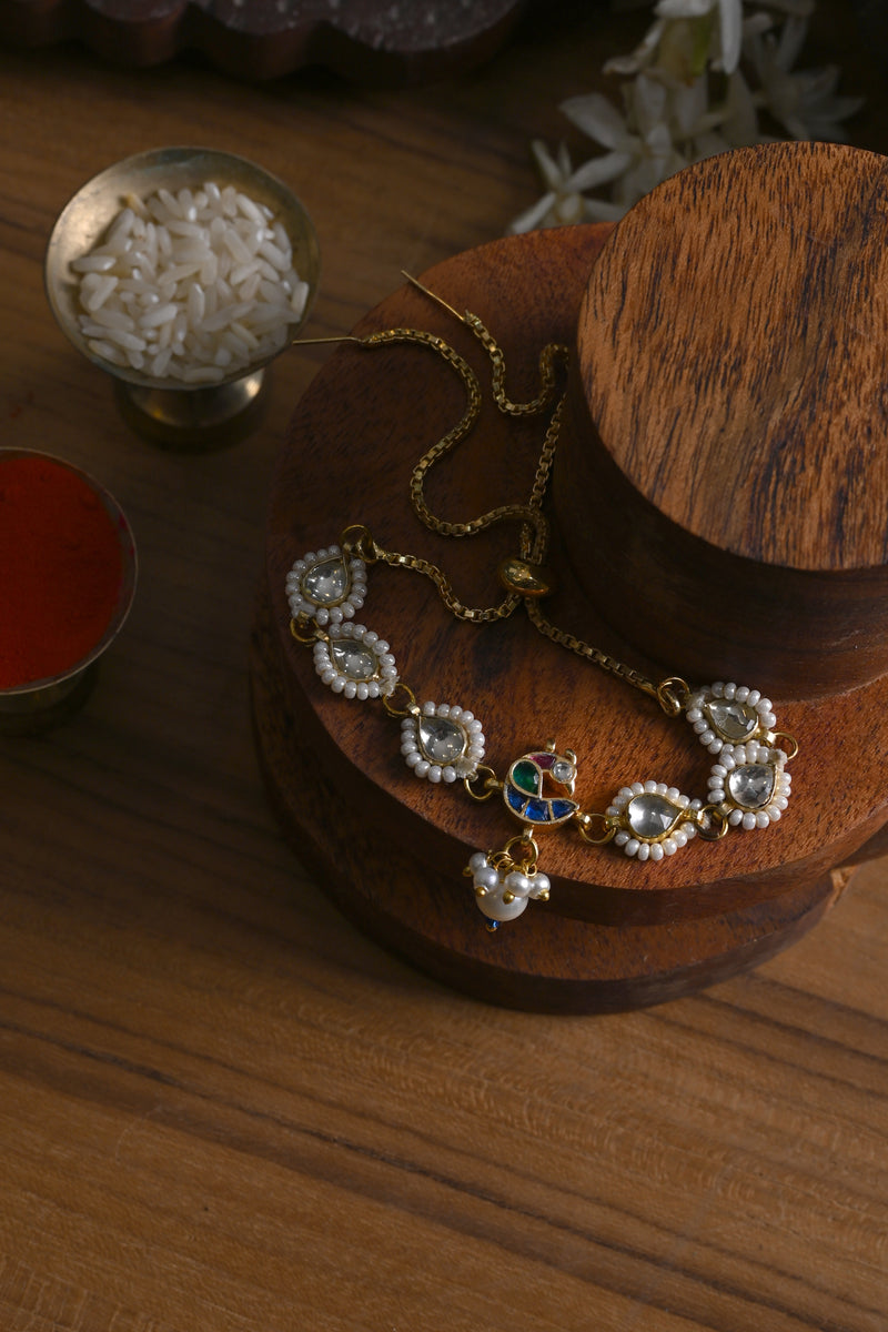 Multi Colour Gold Plated Jadau Kundan Peacock Motif Rakhi