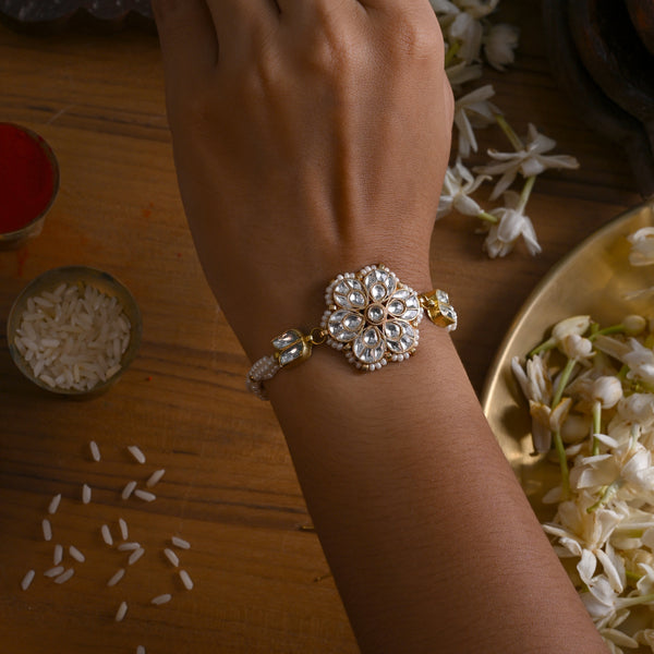MDB835- White Colour Gold Plated Jadau Kundan Rakhi