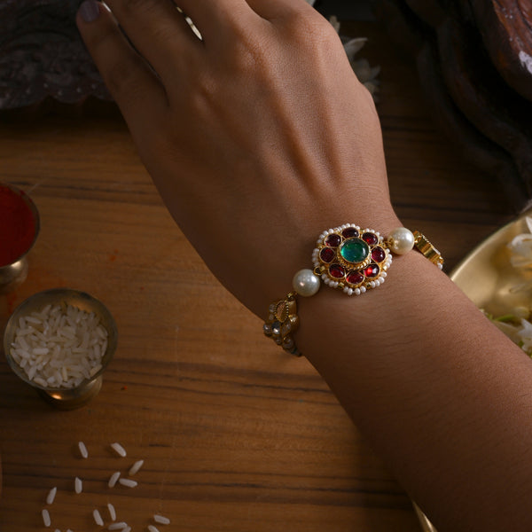 MDB833- Multi Colour Gold Plated Jadau Kundan Rakhi