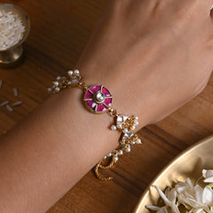 MDB838- Pink and White Colour Gold Plated Jadau Kundan Rakhi