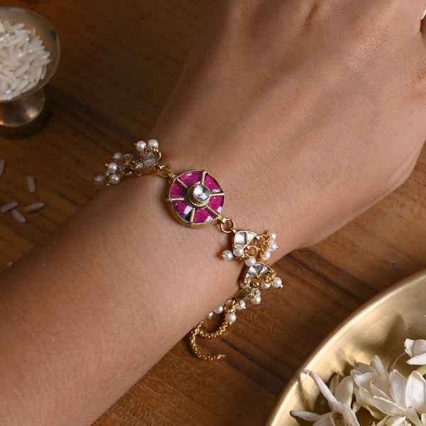 MDB838- Pink and White Colour Gold Plated Jadau Kundan Rakhi
