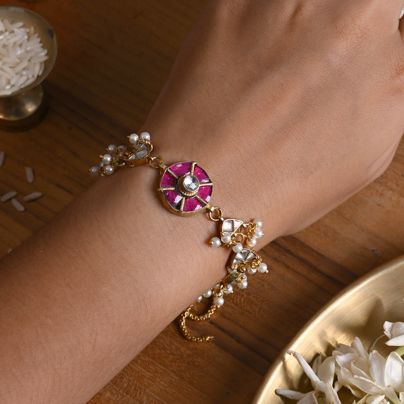MDB838- Pink and White Colour Gold Plated Jadau Kundan Rakhi