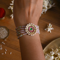 MDB834- Multi Colour Gold Plated Mother of Pearl Rakhi