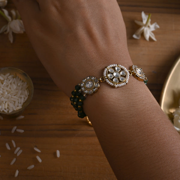 MDB831- White and Green Colour Gold Plated Jadau Kundan Rakhi