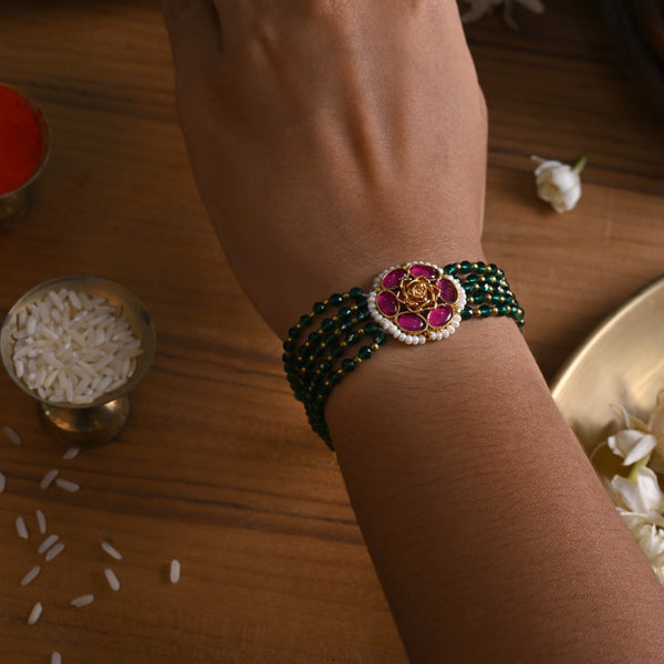 MDB832- Pink and Green Colour Gold Plated Jadau Kundan Rakhi