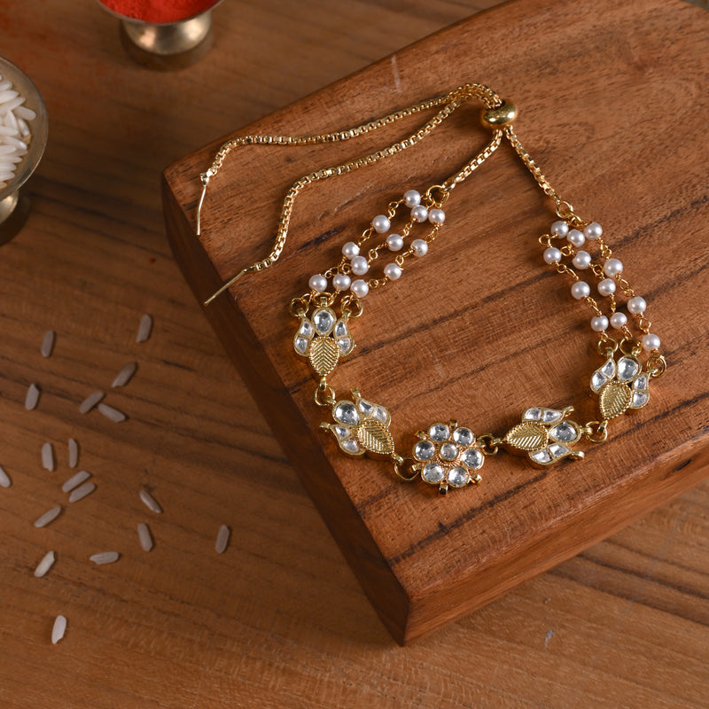 MDB843- White Colour Gold Plated Jadau Kundan Rakhi