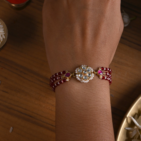 MDB836- White and Pink Colour Gold Plated Jadau Kundan Rakhi