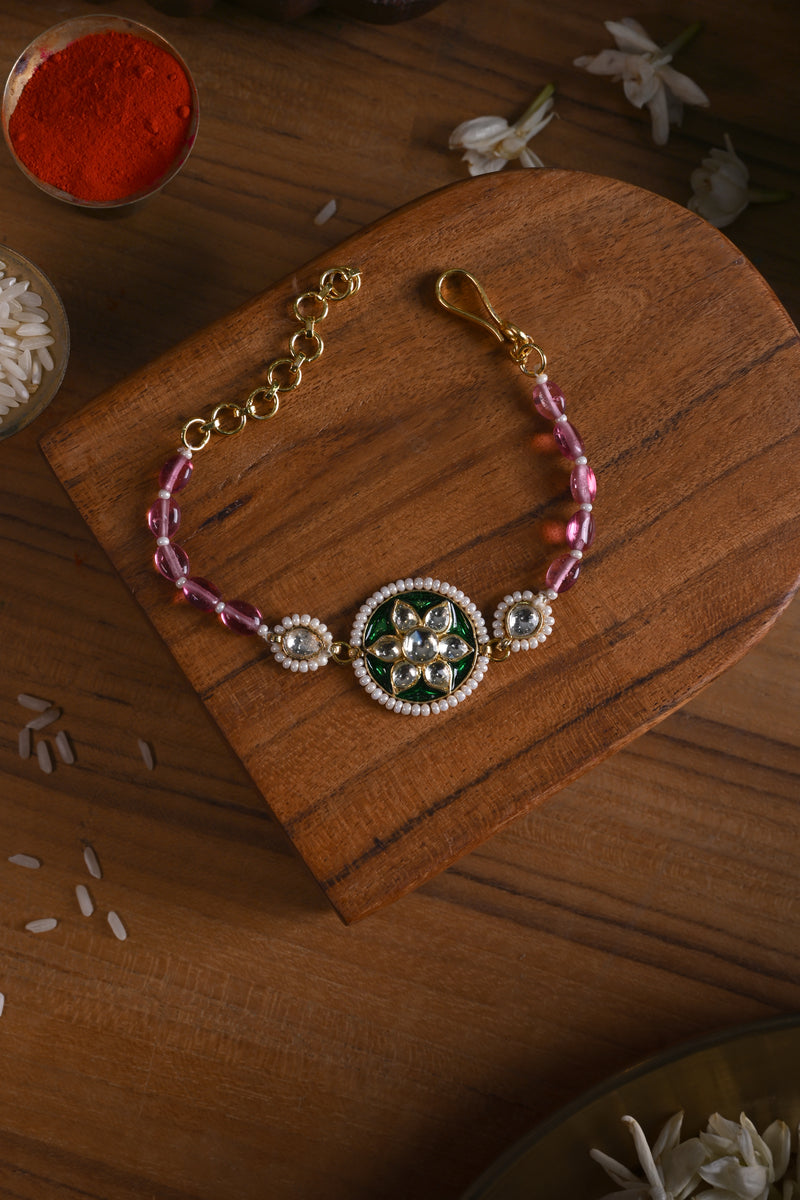 Multi Colour Gold Plated Jadau Kundan Rakhi