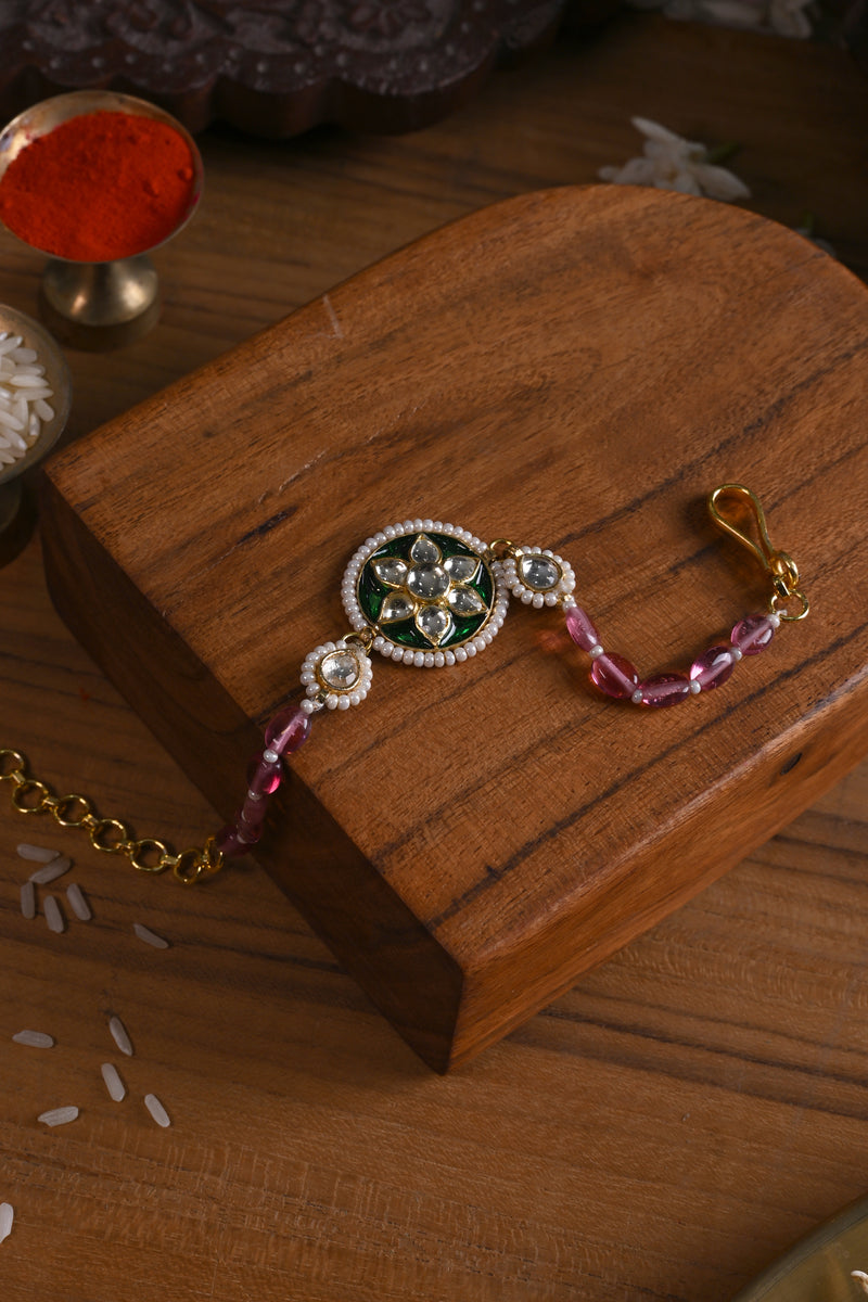 Multi Colour Gold Plated Jadau Kundan Rakhi