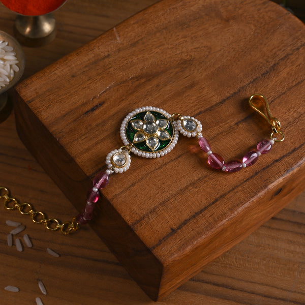 MDB847- Multi Colour Gold Plated Jadau Kundan Rakhi