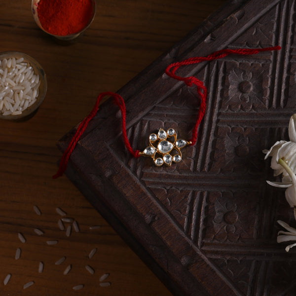 MDB848- White Colour Gold Plated Jadau Kundan Rakhi