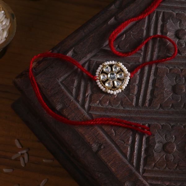 MDB849- White Colour Gold Plated Jadau Kundan Rakhi