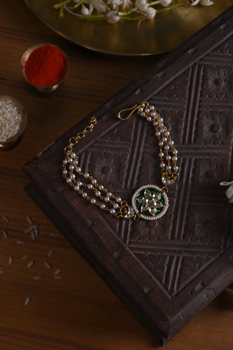 Green and White Colour Gold Plated Jadau Kundan Rakhi