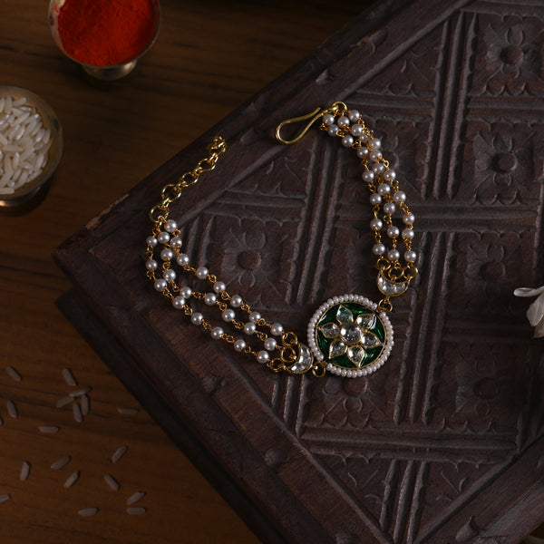 MDB850- Green and White Colour Gold Plated Jadau Kundan Rakhi