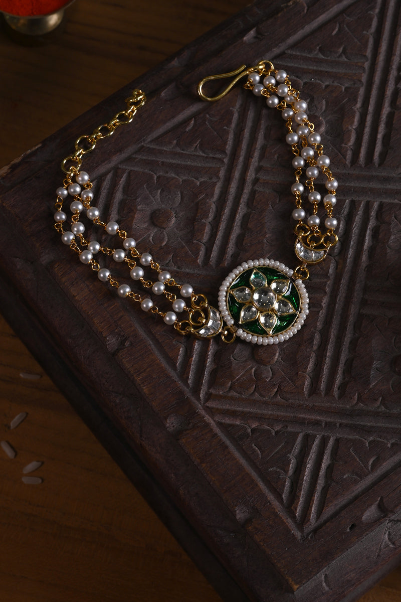 Green and White Colour Gold Plated Jadau Kundan Rakhi