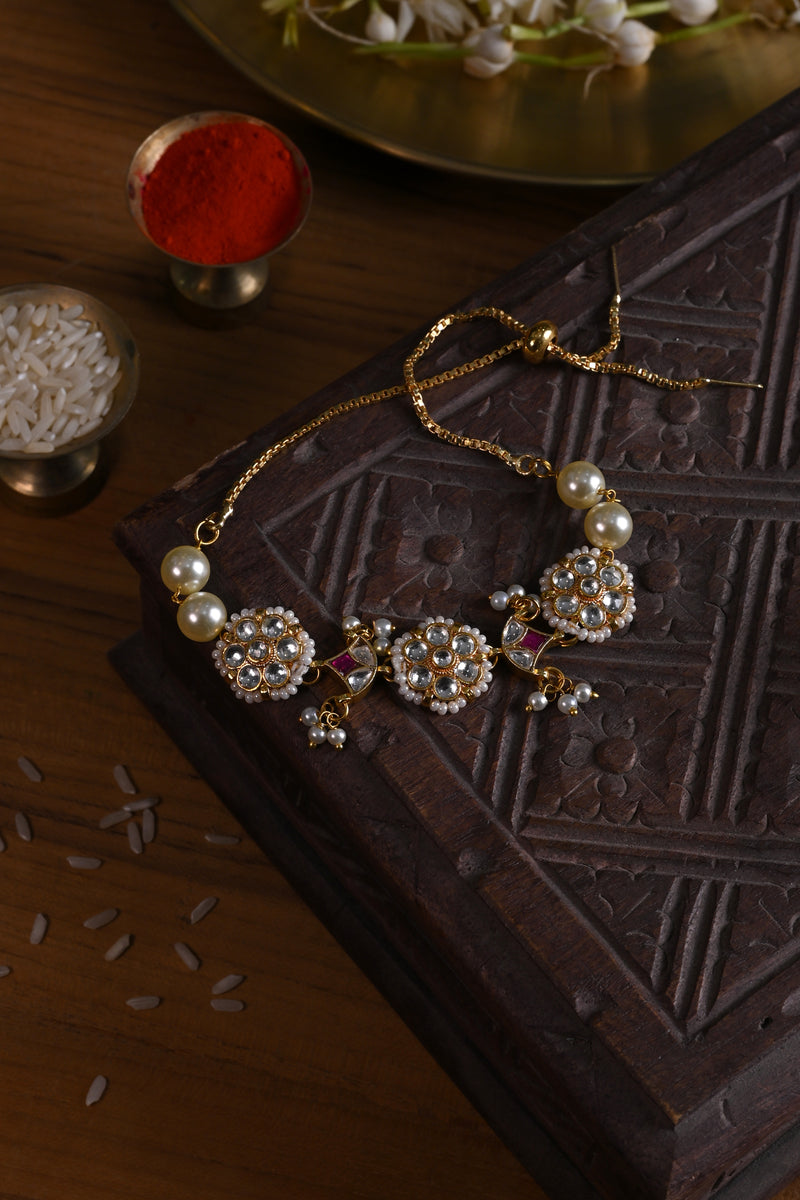 White and Pink Colour Gold Plated Jadau Kundan Rakhi