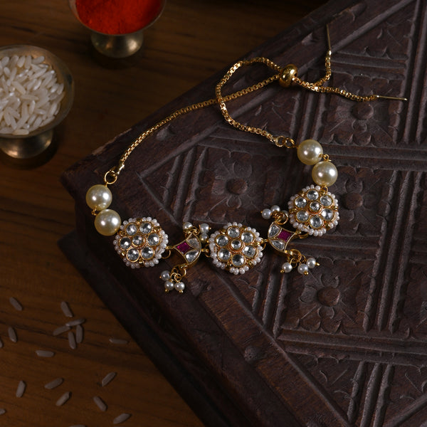 MDB851- White and Pink Colour Gold Plated Jadau Kundan Rakhi