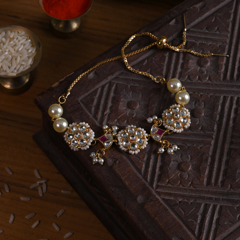 MDB851- White and Pink Colour Gold Plated Jadau Kundan Rakhi