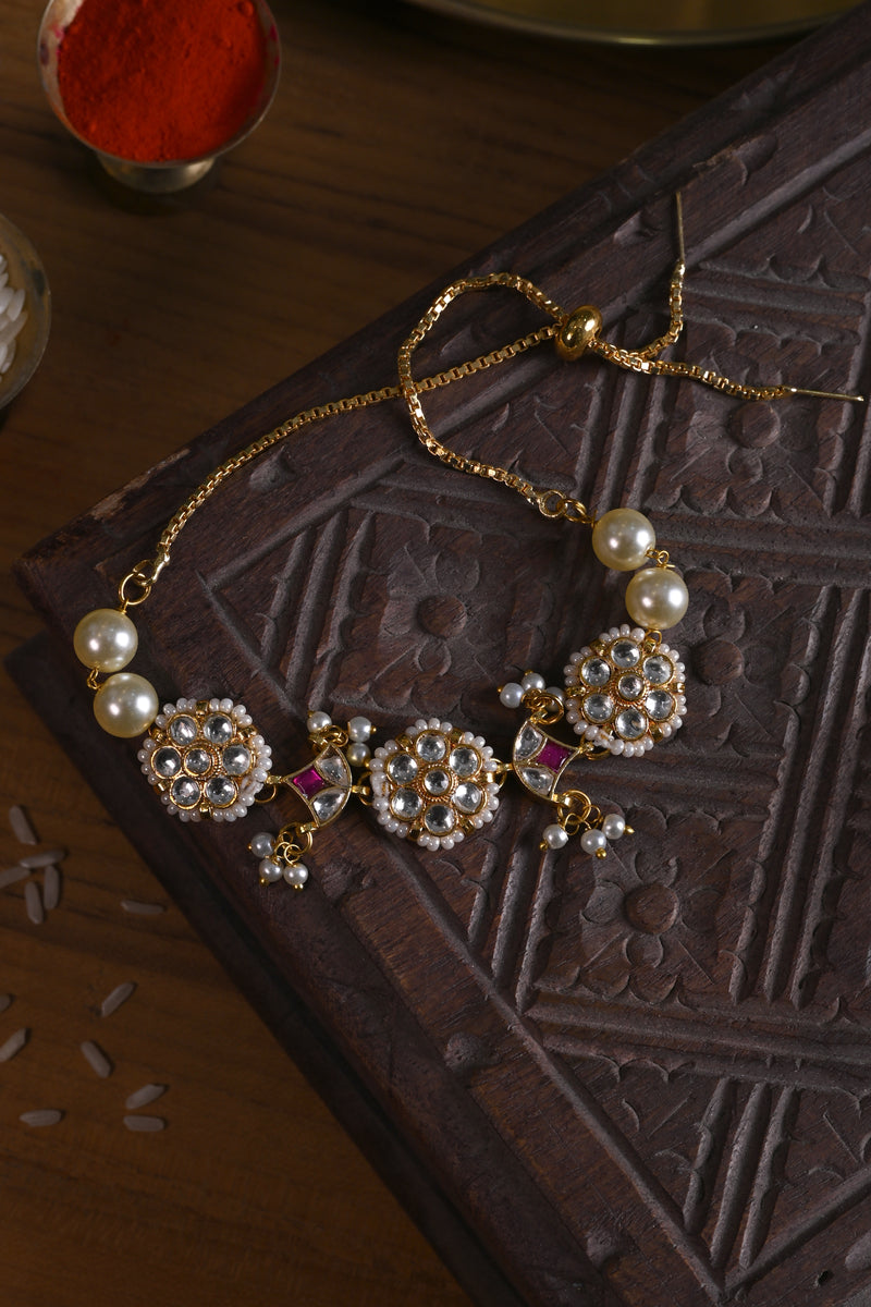 White and Pink Colour Gold Plated Jadau Kundan Rakhi
