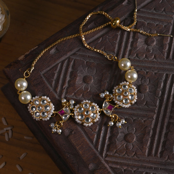 MDB851- White and Pink Colour Gold Plated Jadau Kundan Rakhi