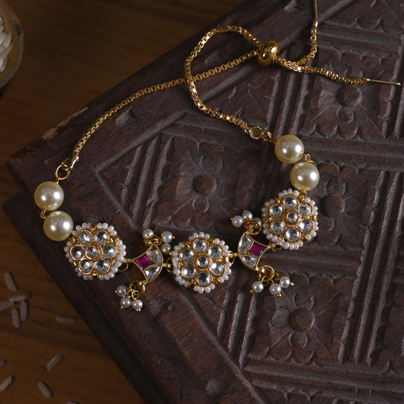 MDB851- White and Pink Colour Gold Plated Jadau Kundan Rakhi