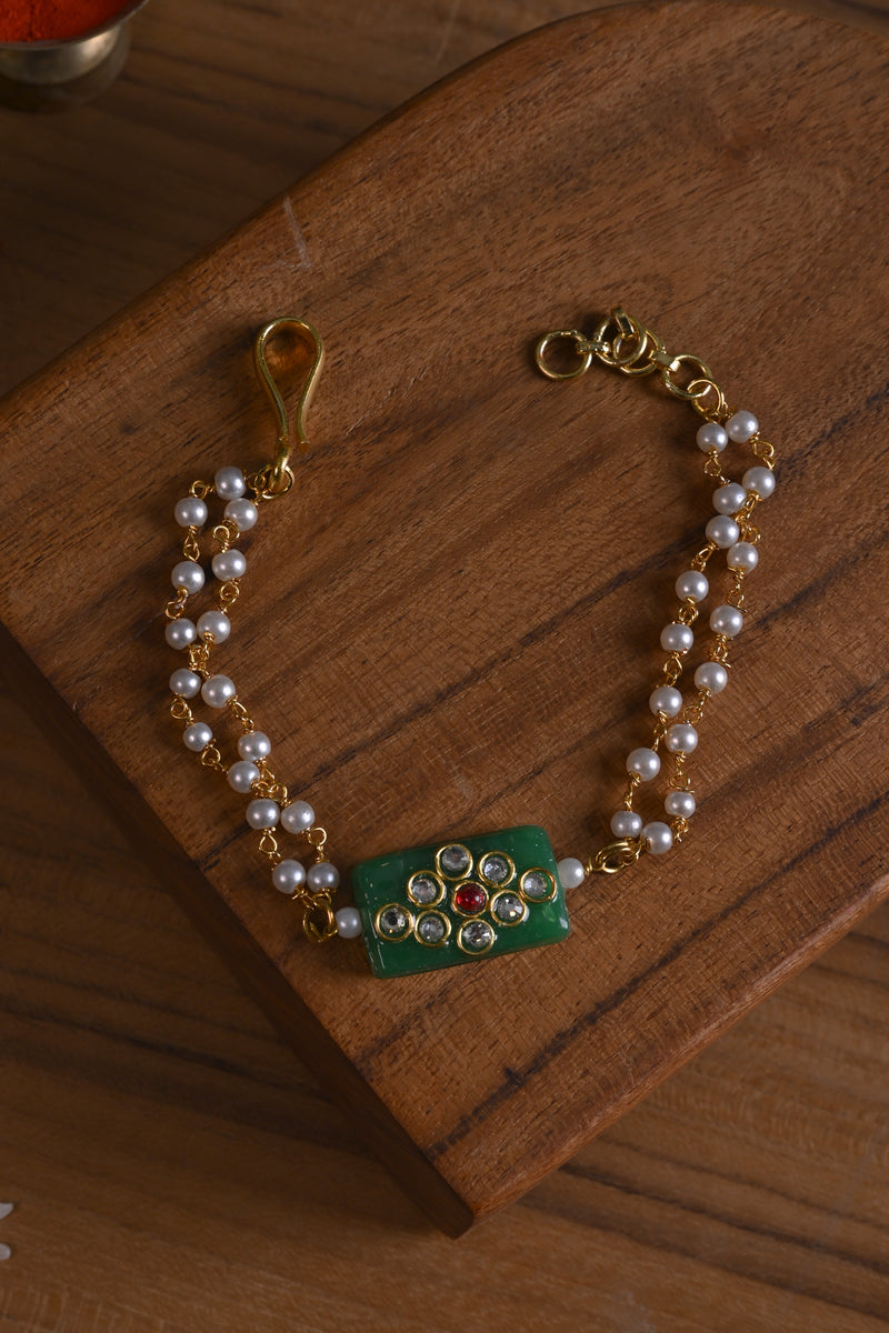 Green Colour Gold Plated Jadau Kundan Rakhi