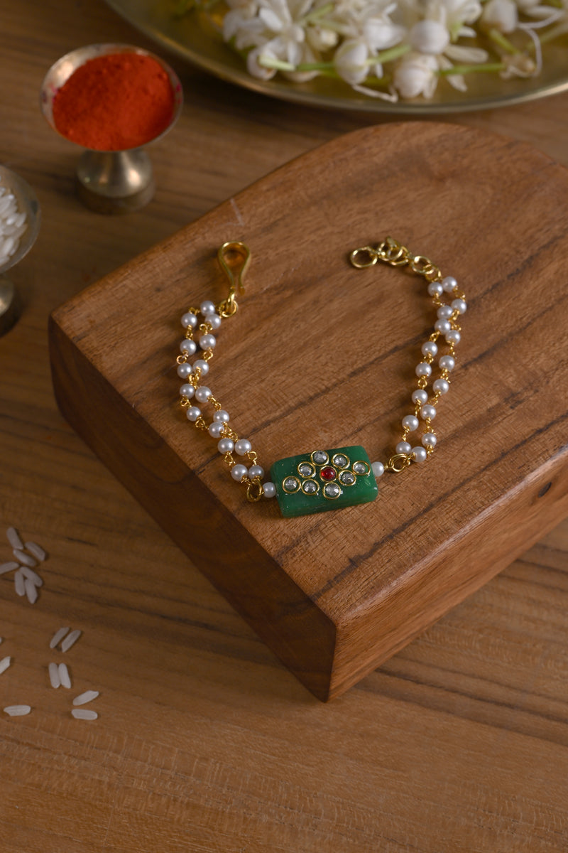 Green Colour Gold Plated Jadau Kundan Rakhi