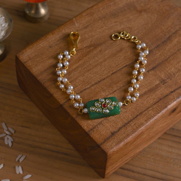 MDB852- Green Colour Gold Plated Jadau Kundan Rakhi