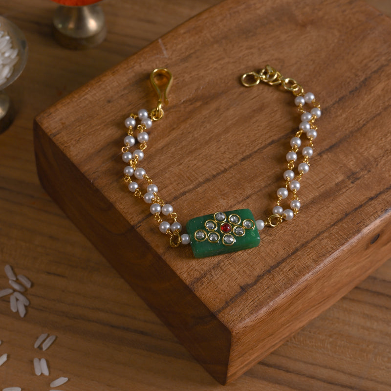 MDB852- Green Colour Gold Plated Jadau Kundan Rakhi