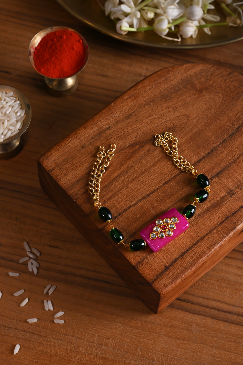 Pink and Green Colour Gold Plated Jadau Kundan Rakhi
