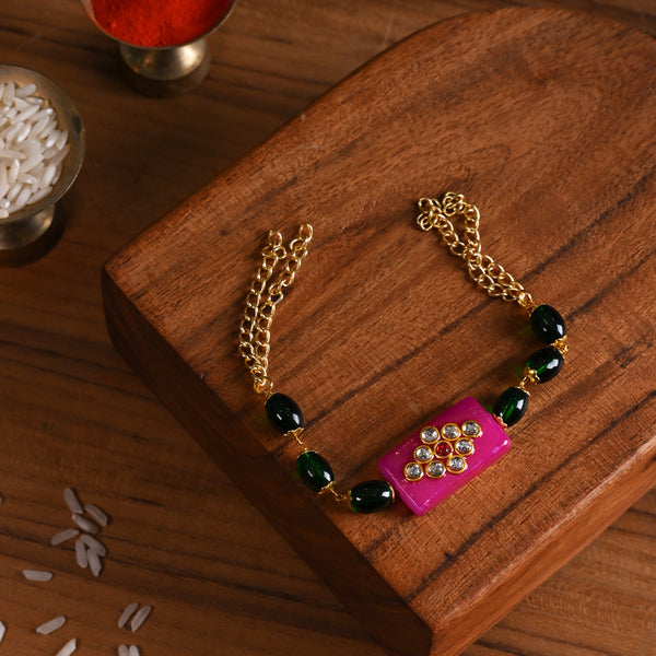 MDB853- Pink and Green Colour Gold Plated Jadau Kundan Rakhi