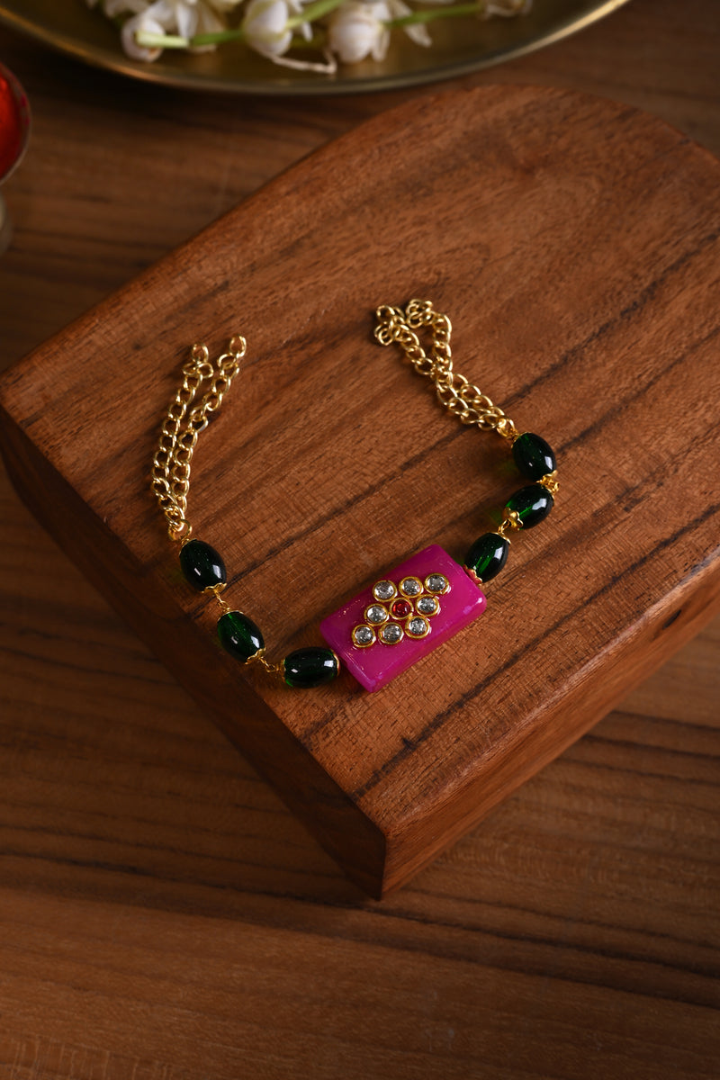 Pink and Green Colour Gold Plated Jadau Kundan Rakhi