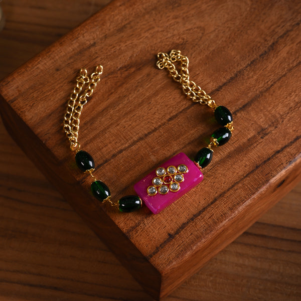 MDB853- Pink and Green Colour Gold Plated Jadau Kundan Rakhi