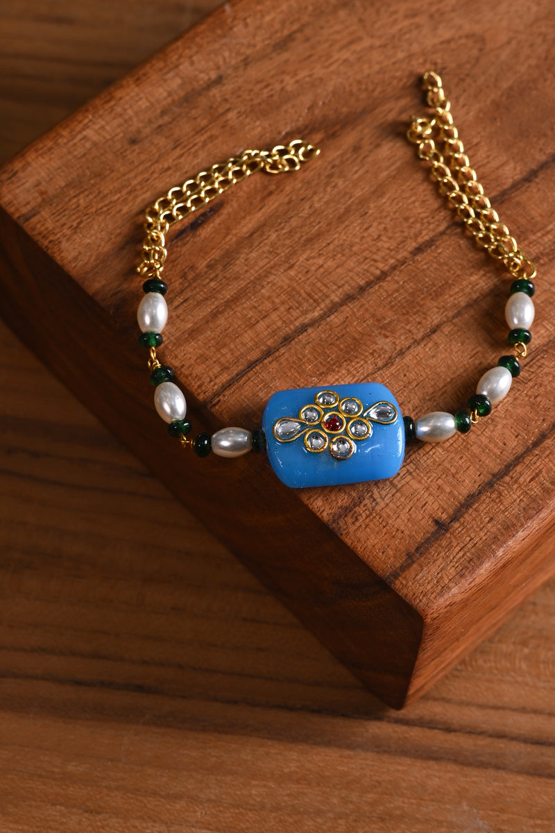 Blue and White Colour Gold Plated Jadau Kundan Rakhi
